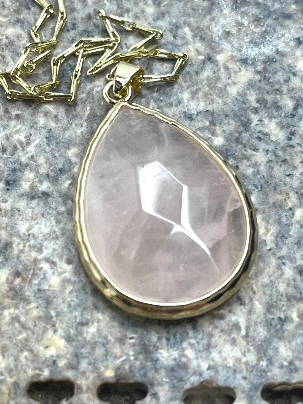 Faceted Teardrop Rose Quartz Pendant on a 29” Gold Tone Link Chain Necklace
